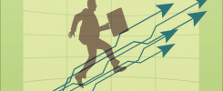 Desenho de um homem em fundo verde, setas que apontam para cima indicando desenvolvimento empresarial que seria consequência de um plano de carreira